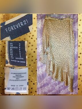 Forever 21 Gold & Blk Cheetah Print Satin Woven Asymmetrical Ruffle Skirt Sz Sml